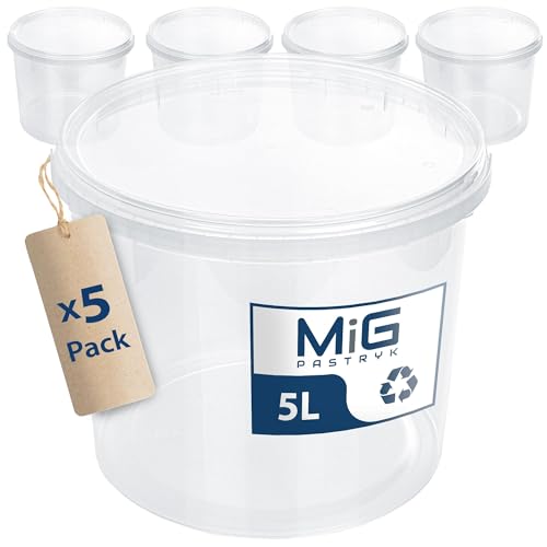 MIG Transparente Eimer mit Deckel 5L - 5X 5L Luftdicht & Lebensmittelecht Plastikeimer mit Deckel - Stapelbare Kleine Eimer für Haushalt & Industrie -Ideal Kübel mit Deckel zum Einlegen & Lagern