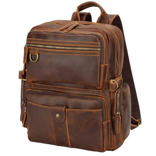 Leather Backpack for Men 15.6" Laptop Backpack 100% Madagascar top-Grain Leather Backpack Brown Large Size