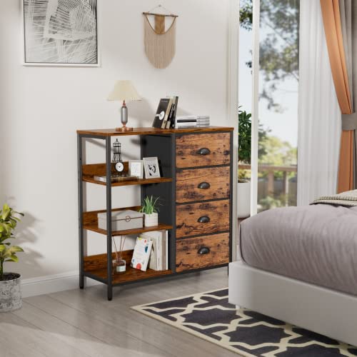Furologee Fabric Dresser With 4 Drawers And Side Shelf,Industrial Lightweight Storage Unit Organizer For Entryway, Bedroom, Nightstand, Office, Kitchen (Rustic Brown) #TOP4