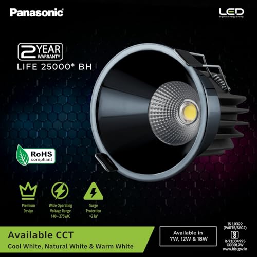 Image of Panasonic 18 Watt Deep Recessed COB False Ceiling Light, Recessed Downlight for Home, Shop, Museum, Restaurant with 85mm Cutout, Gun Black Reflector COB Light, Warm White Light (PDLM44183)