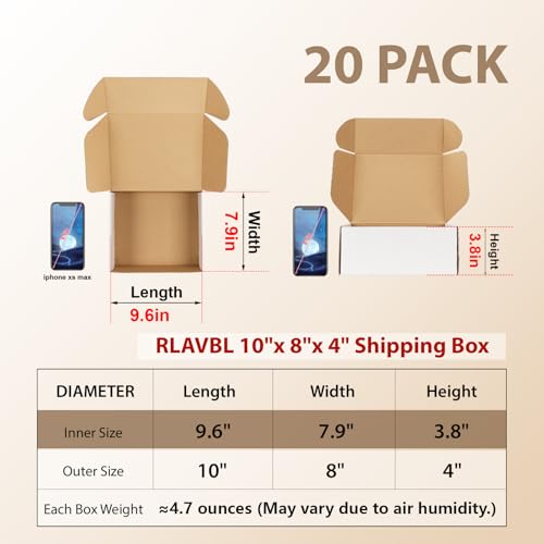Image of RLAVBL 10x8x4 Inches Shipping Boxes Set of 20, White Small Corrugated Cardboard Box, Mailer Boxes for Packing Small Business