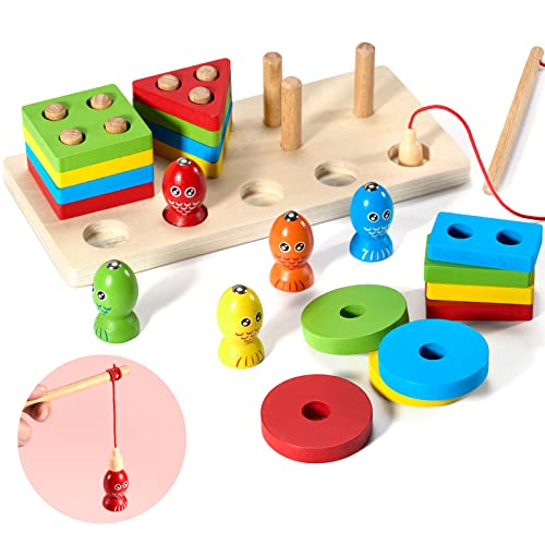Juegos Montessori para bebés de 2 a 3 años, Pesca, clasificación de Formas y Colores, Juguetes apilables de Madera para niños y niñas