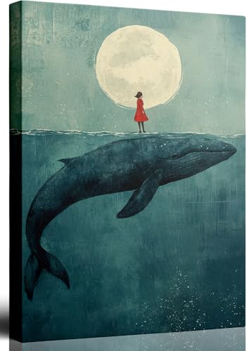 Dreamy Ocean Canvas Wall Art,Whimsical Teal Blue Wall Decor,Surrealist Painting Picture,Girl on Whale Under Full Moon Poster Print Artwork,Minimalist for Nursery Bedroom Home Decoration,16x24 In