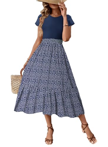 Image of Dokotoo Women's 2026 Summer Dress Short Sleeve Crew Neck Casual Floral Print Long Flowy Dresses Maxi Dresses