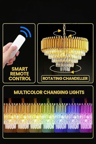 Image of RD.Enterprises || Modern Crystal 5-Tier Gold Chandeliers | Moving Round |Bluetooth Remote Control and Speaker,Multi Colour Changing |Ceiling Light Fixture for Living Room (Full Gold Remote, 600MM)