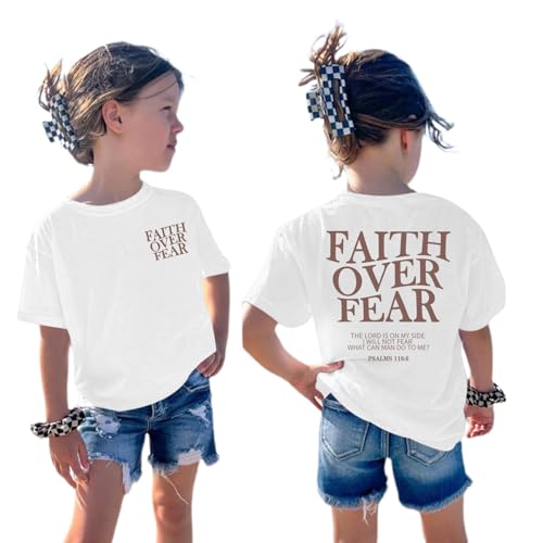 Image of Girls Faith Over Fear Christian Shirts for Kids Jesus God Bible Verse Religious Tshirt Cute Preppy Graphic Tees Tops