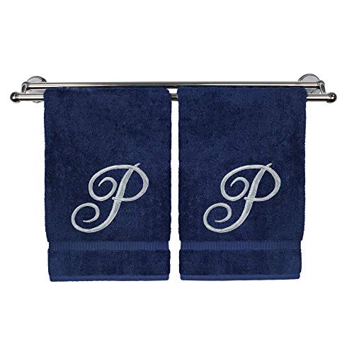 Monogrammiertes Handtuch, personalisiertes Geschenk, 40,6 x 76,2 cm, Set mit 2 Stück, besticktes extra saugfähig, 100 % türkische Baumwolle, weiches Frottee, für Badezimmer, Küche und Spa, Marineblau Cover