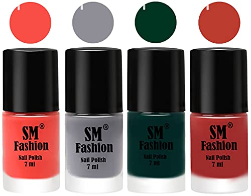 Image of Nail Polish Combo Set (Pack of 4) Quick Dry Gel Finish Nail Paint | Coral,Gray,Dark Green,Dark Peach | 7 ml Each
