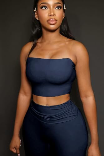 Image of Sexy Women's 2 Piece Lounge Sets Pajama Outfits Casual yoga Crop tube Top High Waist Wide Leg Foldover Flare Pants