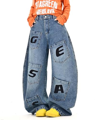 Y2k Unisex Vintage Letter Embroidery Multi Pocket Harajuku Oversize Jeans Hiphop Grunge Casual Boyfriend Denim Pants3