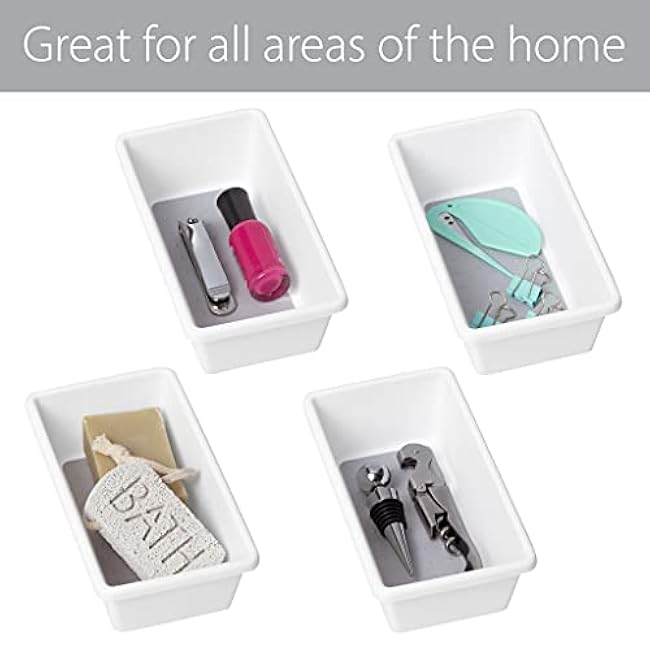 Smart Design Plastic Drawer Organizer - Set of 3-6.75 x 3.75 Inch - Non-Slip Lining and Feet - BPA Free - Utensils, Flatware, Office, Personal Care, or Makeup Storage - Kitchen - White with Gray