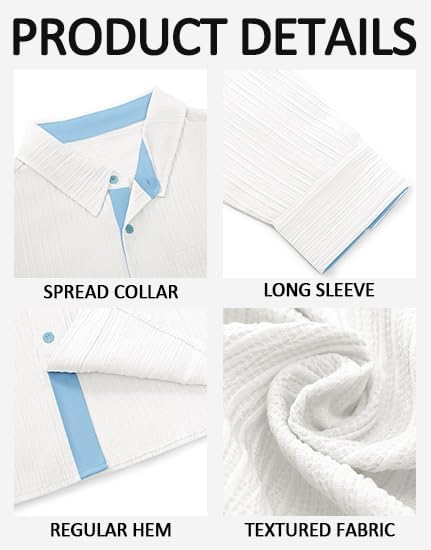 Yousify Mens Button Down Shirts Long Sleeve Casual Textured Dress Shirt Wrinkle-Free Beach Tops with Pocket - Image 5