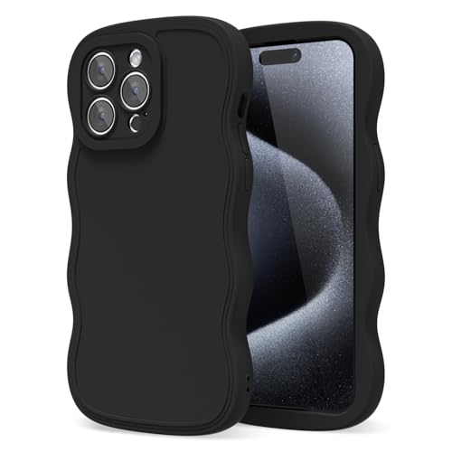 oakxco Silicone Case for iPhone 15 Pro Case Wavy Edge, Cute Curly Wave Frame Ripple Trendy Design Girly Phone Case for Women, Y2k Aesthetic Plain Soft Matte Rubber & Camera Cover Protection, Black