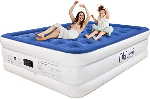 OhGeni Queen Size Air Mattress with Built in Pump, 18 Inch Elevated Quick Inflation/Deflation Inflatable Bed,Durable Blow Up Mattresses for Camping,Travel,Home,Guests,Indoor,Blue Portable Rest Airbed