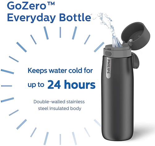 Image of PHILIPS Filtered Water Bottle Stainless Steel Travel Keeps Cold 32oz Grey | Insulated BPA-Free Water Bottle With Leakproof Lid. Filter Removes Chlorine & Odor, Lasting 2 Months Or 40 Gallons