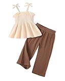 Doresbebe 4T Girl Outfits Fashion Line Spring Clothes Size 5 Matching Sleeveless Floral Embroidery Strap Tank Top Top Long Pants 5T Prety Little Princess Summer Clothing Set 2Pcs Solid Apricot+Brown