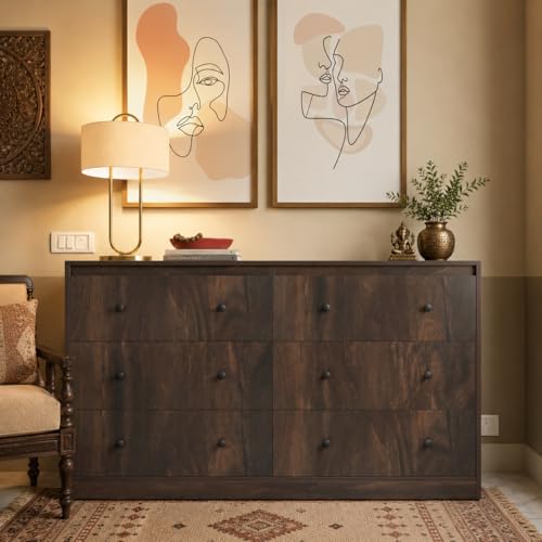 Image of Studio Kook Livaa Wide 6 Drawer Chest of Drawers, Junglewood | Engineered wood, 149x40x86 cm, six drawers on telescopic runners holding 15 kg each, 66x33x19 cm inside, 6 mm PVC legs
