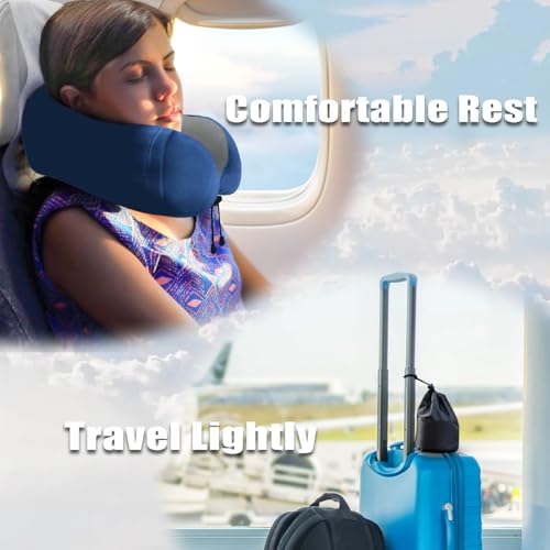 Image of Travel Pillow, Memory Foam Neck Pillow for Traveling, U Shape Neck Pillow Airplane Portable Flight Pillow Travel Kit with 3D Contoured Eye Masks and Earplugs for Plane Train Car Home Office - Blue
