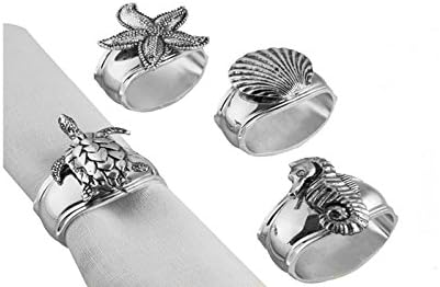 Hans Turnwald Set 4 Assorted Sealife Turtle Shell Seahorse Seastar Silver Napkin Rings Gift Box