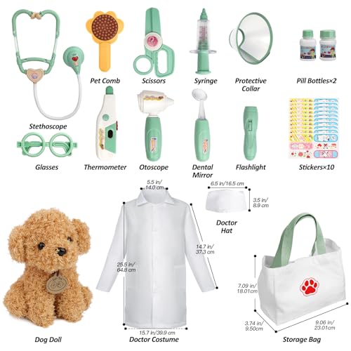 Liberry Doctor Kit for Toddlers 3 4 5 6 Years Old, 26 Pcs Kids Doctor Playset with Dog Toy, Stethoscope and Dress Up Costume, Pretend Play Medical Gift for Boys Girls (Green) - Thumbnail 5