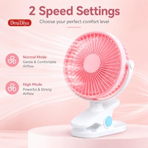 Image of Desidiya USB Rechargeable Clip Fan, 2 Speed Portable Desk Fan, Pink | Rechargeable clip-on fan with 2 speeds, adjustable tilt, quiet airflow and portable design for home, office & travel.