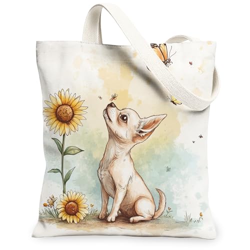 Bolsa de lona de perro chihuahua de primavera para ir de compras, 13 x 15 pulgadas, bolsa de tela reutilizable para mujer, pintura de mascotas, decoración de regalo