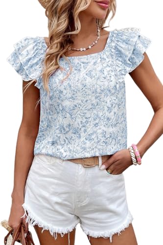 Women's 2025 Summer Top Ruffle Butterfly Sleeve Square Neck Bow Knot Textured Shirt Casual Blouses