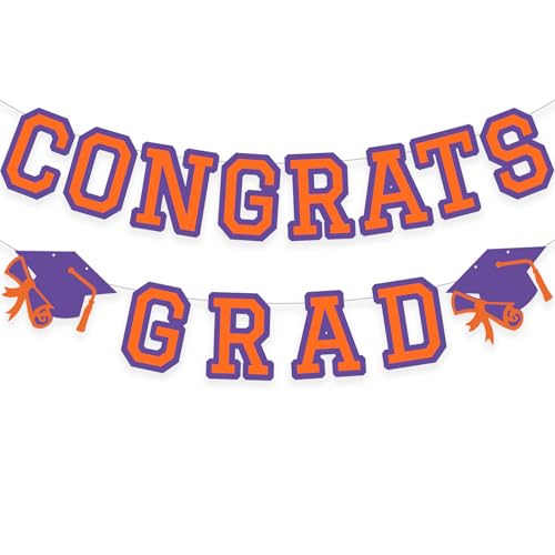 Image of Congrats Grad Banner Graduation Party Banner Decoration Hanging Garland High School College Backdrop Supplies Purple Orange