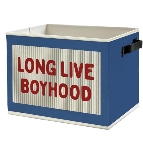 Image of Red Long Live Boyhood Boys Storage Bins Box with Handles, Blue Pattern Collapsible Basket Organizer for Kids Boy Nursery Room Bedroom Bathroom Playroom Books Clothes