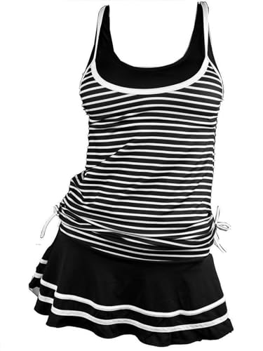 MiYang Tankini Swimsuits for Women Two Piece Tummy Control Bathing Suit with Skirt Striped Vintage Swimdress