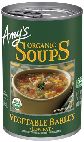 Amy’s Soup, Vegan Vegetable Barley Soup, Low Fat, Made With Organic Tomatoes, Carrots and Celery, Canned Soup, 14.1 Oz
