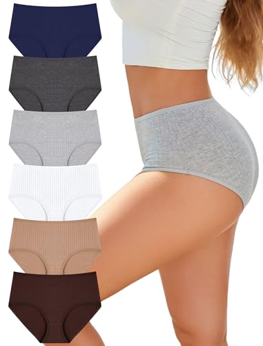FINETOO Cotton Underwear Women High Waisted Ribbed Breathable Briefs 6 Pack
