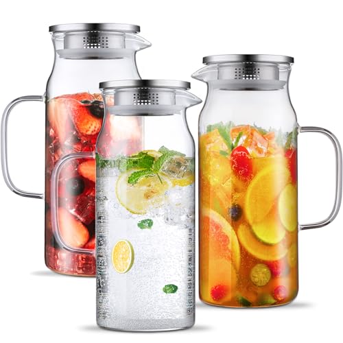 Image of Bivvclaz 3 Pack 2 Liter 68 oz 2.1 Qt Glass Pitcher with Lid and Handle, Water Pitcher for Fridge, Glass Carafe for Hot /Cold Water, Large Iced Tea Jug for Coffee, Juice and Homemade Beverage