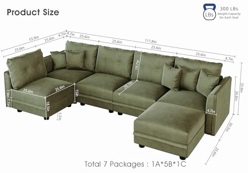 Image of LLappuil Modular Sectional Sleeper Sofa with Storage, U Shaped 6-Seat Corduroy Couch with 5 Throw Pillows, Convertible Sofa Set for Living Room & Small Space, Skin-Friendly & Soft, Green