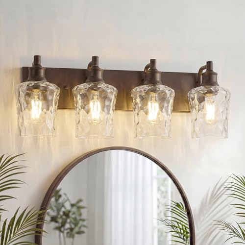 Image of Bathroom Light Fixtures Farmhouse Oil Rubbed Bronze Vanity Lights for Bathroom Lighting Fixtures Over Mirror with Hammered Glass Lampshade for Cabinet Mirror Bedroom Hallway 4 Light