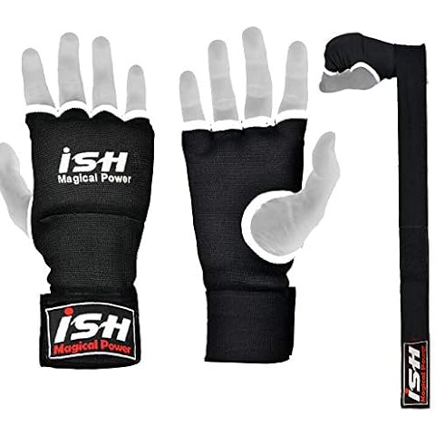 ISH Sports Gel Inner Gloves with Wraps Padded MMA Boxing Wrist Hand Wraps Muay Thai Bandages Training Mitts Gloves Pair New (Black, Small,Medium) Cover