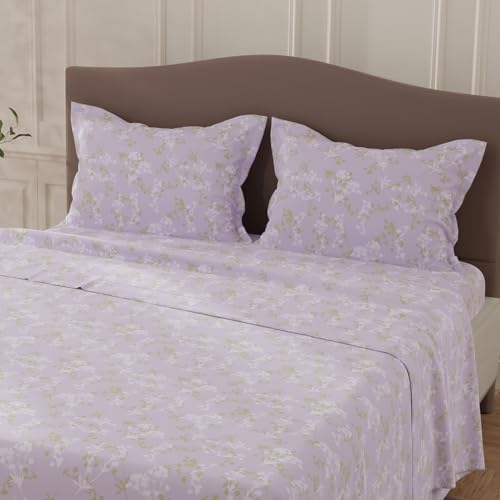 Image of Layers 100% Cotton Bedsheet for Double Size Bed | Lumina Floret Collection | 144 TC Soft & Breathable | Floral Print with 2 Pillow Covers | Wrinkle Free & Colorfast | 3 Piece Bedding Set - Purple