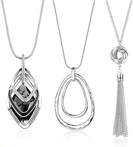 3PCS Long Pendant Necklaces for Women Disk Circle Pendant Triple Stack Pendant Necklace Tassel Sweater Necklace Statement Necklace Y Necklaces Set