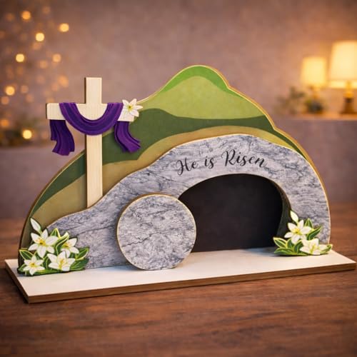 Lemonus He is Risen Easter Nativity Set - Empty Tomb Decor with Stone Texture & Scripture Verse | Christian Easter Tabletop Display for Home, Church Altar | Religious Resurrection Decorations