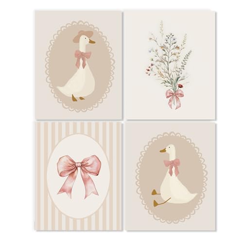 Image of LUKIPOM Boho Girl Nursery Wall Art Prints 8x10 Set of 4, Boho Wildflowers Nursery Decor, Coquette Pink Bow Goose Wildflowers Floral Wall Art Posters for Baby Girl Room Bedroom Decor, Unframed