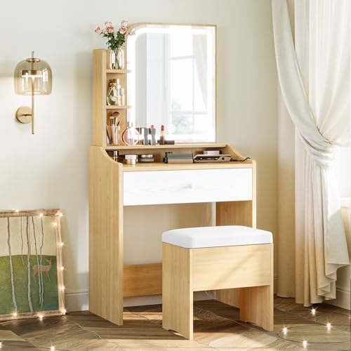 Image of LIKIMIO Small Vanity Desk with Mirror Lights and Storage Stool | Wood compact vanity with 3 light modes, charging station, storage drawer, 3 shelves and upholstered stool