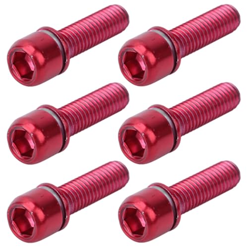 HilBeliFU 6Pcs Bike Stem Bolts, M5x18mm Steel Bicycle Stem Screw, 0.7in Stylish Bike Stem Hex Bolt, Steering Handlebar Parts with Spacer for Mountain Road Bike Fixing Gear, Red