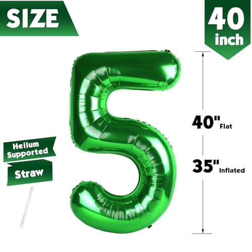 Image of 40 Inch Green Number 5 Balloon Birthday Party Decorations for Men & Women | 40 Inch Green inflatable foil number balloons, large birthday decorations for 5th birthday