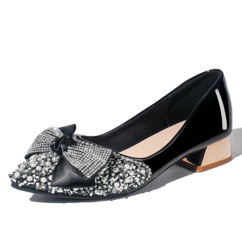Image of Women's Pumps, Closed Toe Chunky Heels for Women Pointed Toe Rhinestones Bridal Party Dressy Shoes Comfortable Work Pumps Shoes for Office