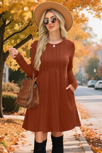 Image of OFEEFAN Long Sleeve Dress for Women Crew Neck Empire Waist Tunic Dress with Pockets