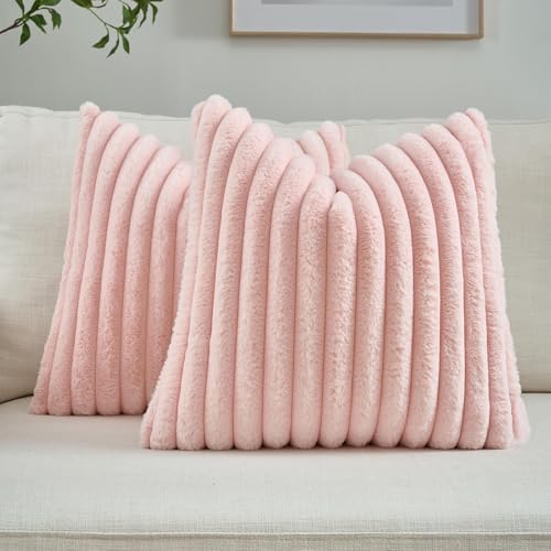 FUTEI Pack of 2 Faux Fur Throw Pillow Covers 28x28 Inch, Pink
