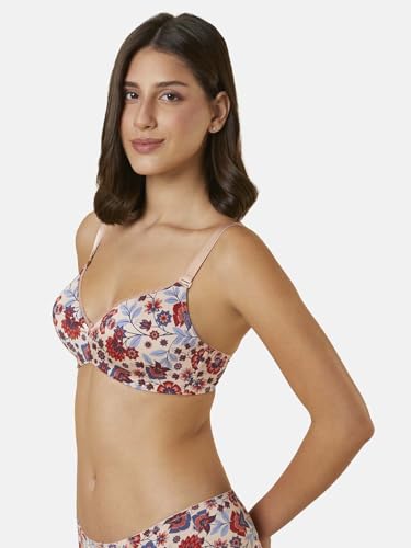 Image of Triumph Midnight Garden Bra for Women Padded Non Wired Seamless Bra Floral Printed T-Shirt Bra Wireless Full Coverage Lingerie Detachable Silky Straps with Elegant Lace Trim Pack of 1
