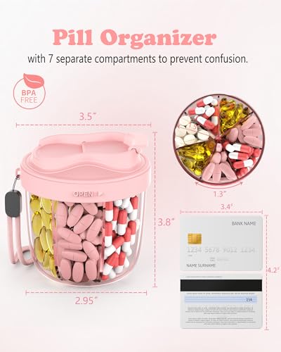 Image of Pill Organizer with 7 Compartments, Pill Box Case for Holding 7 Different Vitamins, Anti-Mix Design for Easy Medication Retrieval. Travel Pill Organizer with 20 Labels. Cute Pill Dispenser Light Pink