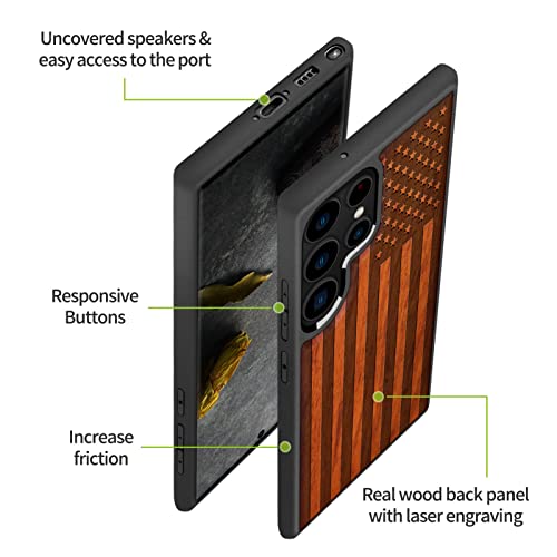 Image of Carveit Wood Case for Galaxy S23 Ultra, The Classic American Flag-Rosy | Samsung Galaxy S23 Ultra Cover, Unique Wooden Design, Engraved Wood with TPU Shockproof Bumper, Wireless Charging Compatible