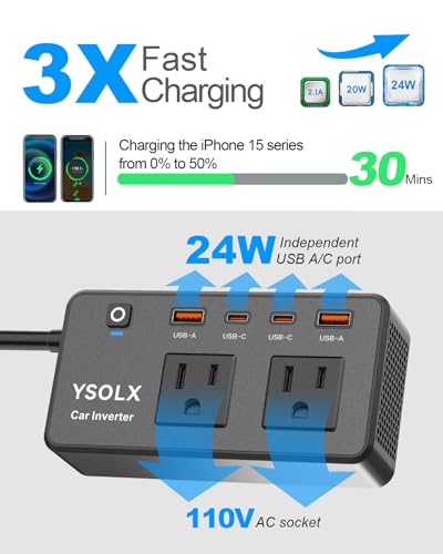 300W Car Power Inverter - YSOLX Dual DC 12V to 110V AC Car Outlet Adapter to Wall Plug, 24W Fast Charging USB-C&USB-A, Portable Charger Converter with for Laptops, Phones